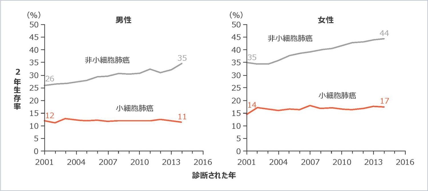 図2 肺癌における2年生存率の年次推移（海外データ）